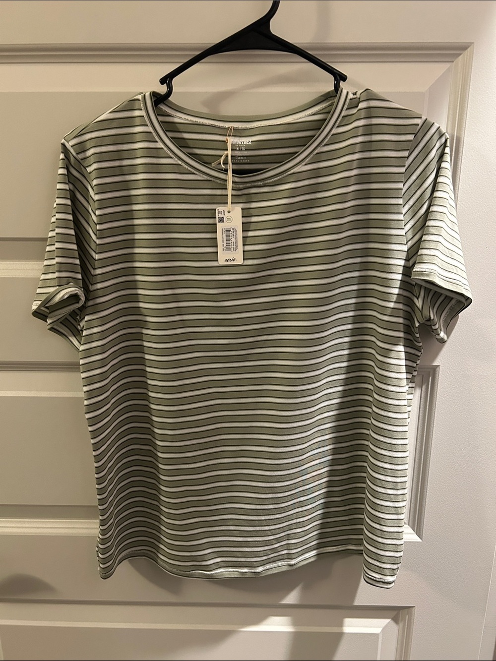 aerie Sage Green and White Striped Short-Sleeve Crewneck Tee